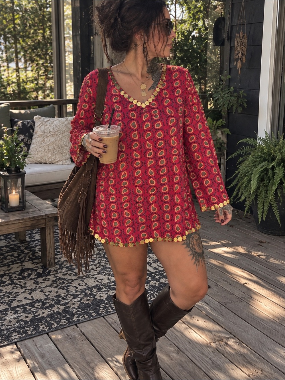 Sacred Threads Red Printed Tunic with Gold Coin Trim